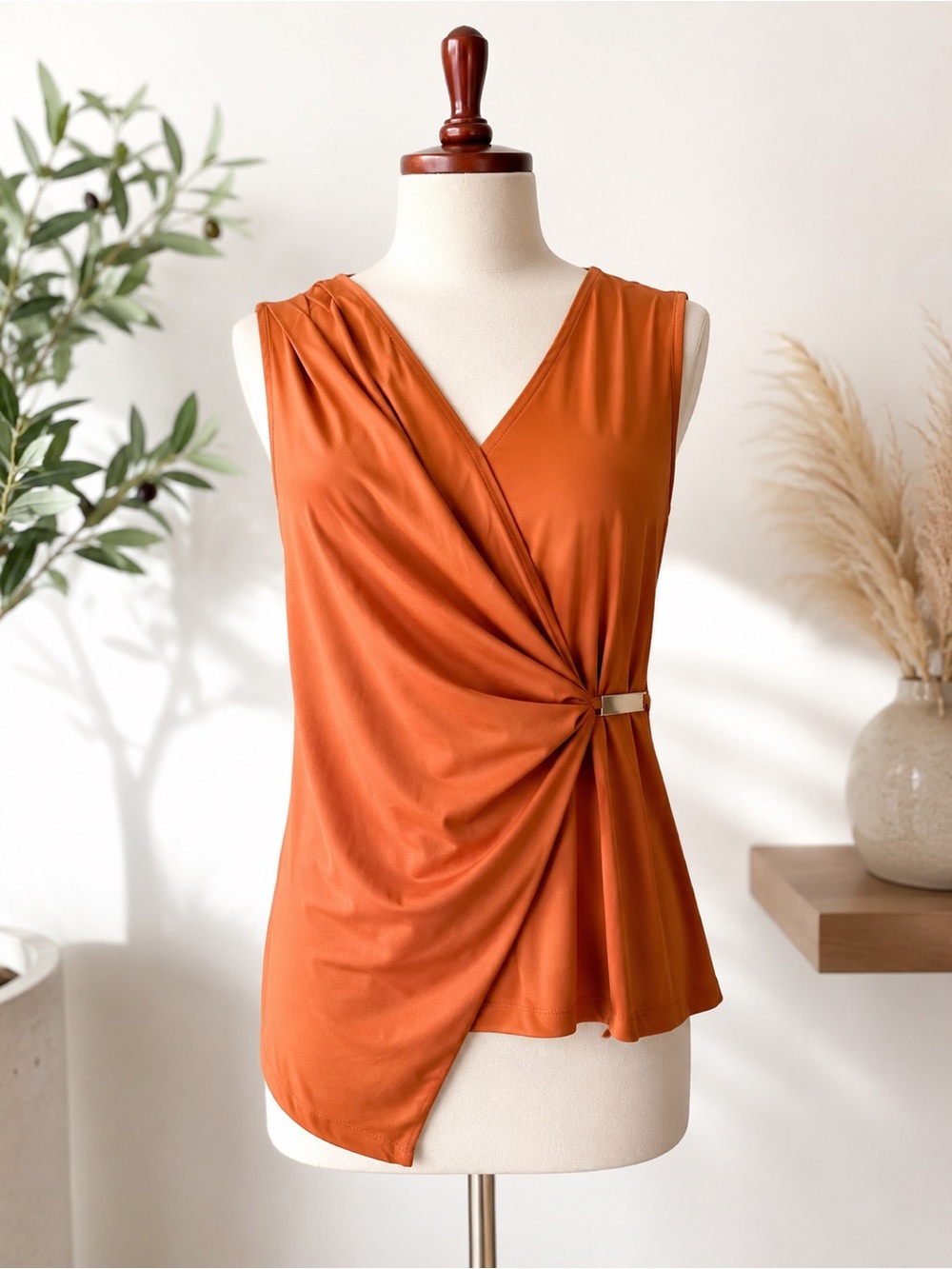Carmen Marc Valvo Draped Wrap Blouse | Rust Orange Business Casual Top | Size M